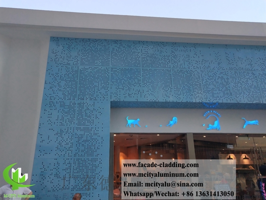 Painel de parede de alumínio perfurado revestimento de fachada metálica de cor azul PVDF padrão oco com luz LED